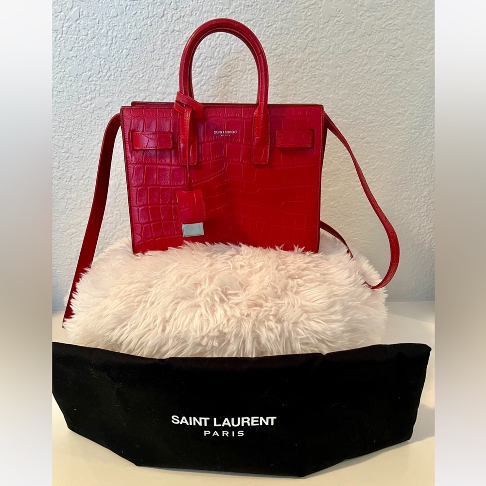 Saint Laurent Croc embossed red handbag with crossbody strap, dust bag, 🔐